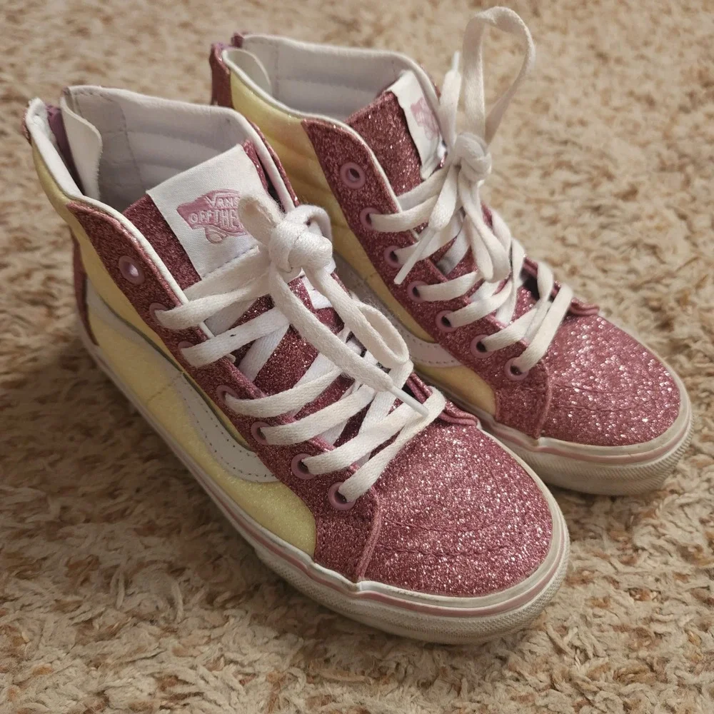 Vans Sk8-Hi Zip Kids Sz 1 Shoes Pink Yellow Glitter High Top Sneakers